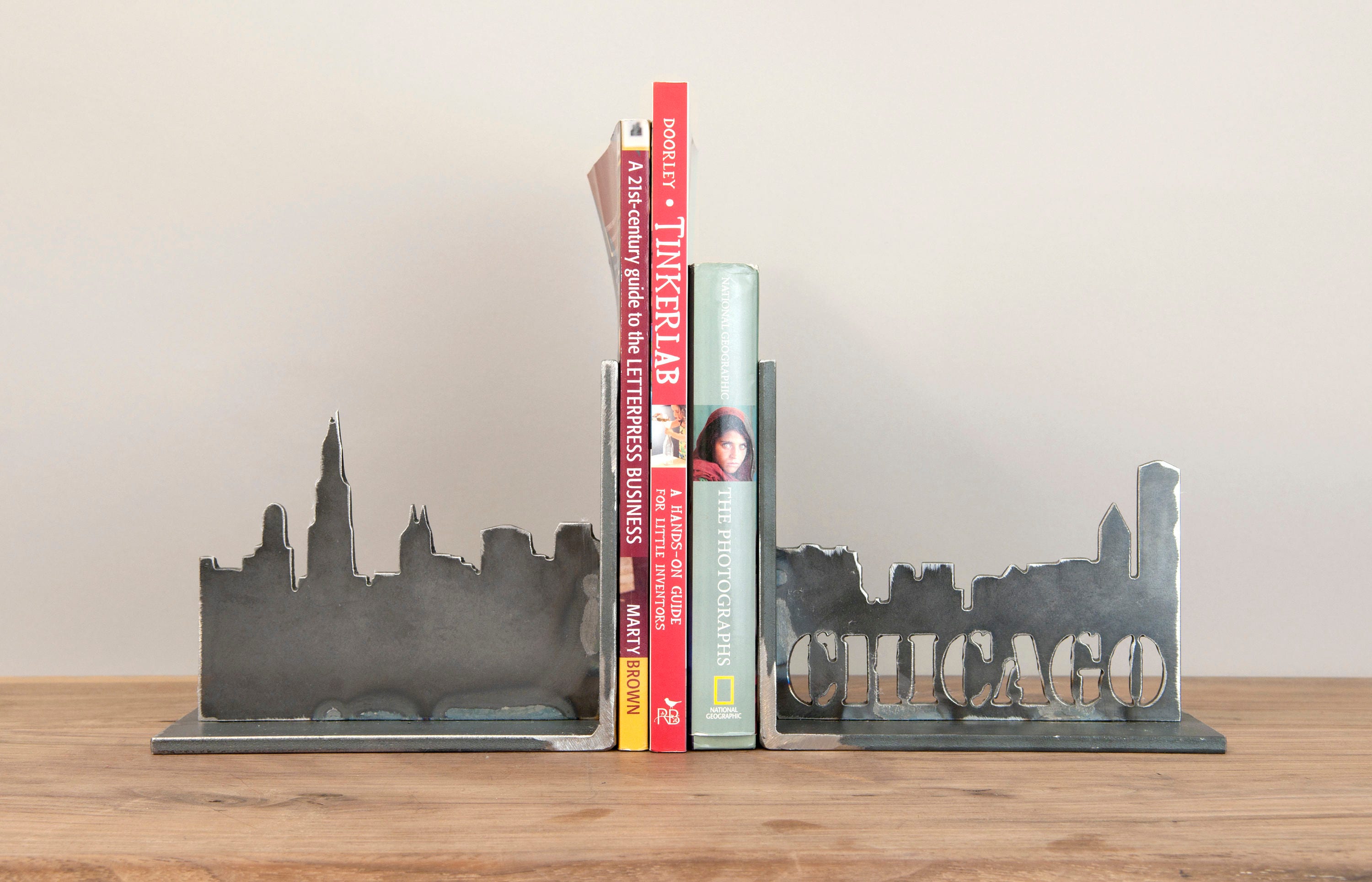 Chicago Home Decor, Bookends, Cityscape Lover Gift, Skyline, Cityscape, Metal Bookend Art