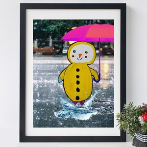May include: A yellow cartoon character wearing a raincoat and holding a pink umbrella, standing in a puddle of water on a rainy day.