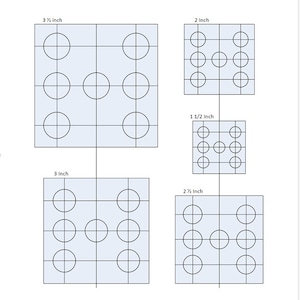 May include: Diagram of four blue squares with a grid pattern and circles. The squares are labeled with measurements: 3 1/2 inch, 2 inch, 1 1/2 inch, 3 inch, and 2 1/2 inch. Each square contains a different number of circles.
