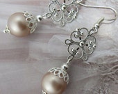 Bridal Drop Earrings Vintage Earrings Antique Jewelry Taupe Pearl Earrings Long Snowflake Earrings Wedding Dress Gift for her Jewellery
