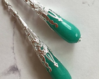 Silver Filigree Turquoise Earrings, Long Green Boho Earrings, Gemstone Teardrop Earrings, Bohemian Jewelry, Green Jade Earrings, Gift for