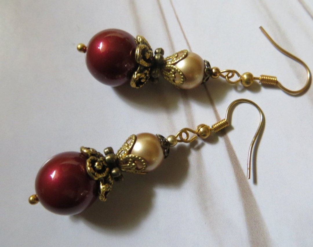 Red and Gold Earrings Pearl Drop Earrings Handmade Gifts - Etsy