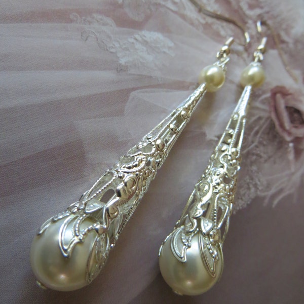 1920s Long Flapper Earrings, Ivory Pearl Earrings, Long Bridal Earrings, Antique Earrings, Georgian Jewelry Edwardian 1920's Style Earrings