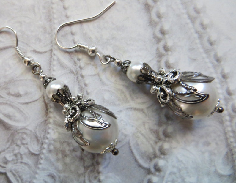 White Pearl Vintage Long Drop Earrings Gunmetal Filigree Earrings Long Pearl Drop Edwardian Earrings Antique Drop Long Steampunk Earrings