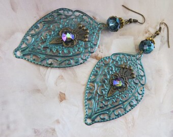 Teal Bohemian Earrings, Teal Boho Earrings, Brass Filigree Statement Earrings, Blue Green Crystal Earrings, Vintage Gifts for Women Friends