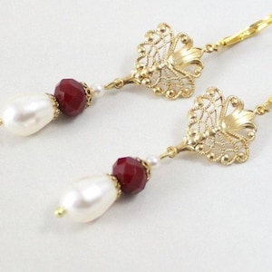 Art Deco Pearl Drop Earrings: Ruby Red & Gold Flapper Jewelry