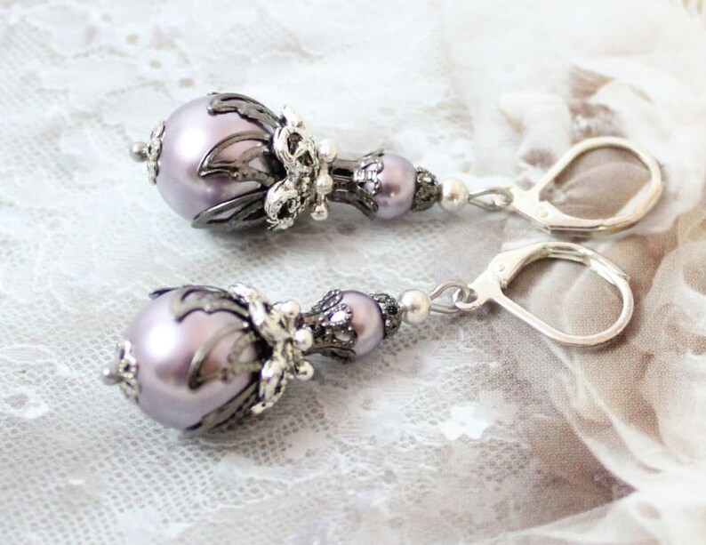 White Pearl Vintage Long Drop Earrings Gunmetal Filigree Earrings Long Pearl Drop Edwardian Earrings Antique Drop Long Steampunk Earrings