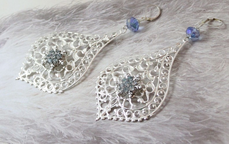 Chandelier Earrings Blue Crystal Boho Statement Earrings Bridesmaids Gifts Teardrop Earrings Filigree Silver Earrings Big Boho Earrings