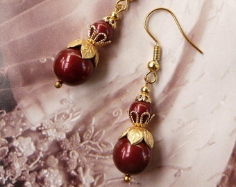 Dark Red Earrings, Burgundy Earrings, Gold Drop Earrings, Antique Gold Earrings, Marsala, Maroon Pearl Jewelry, Short Earrings, Gold Jewelry