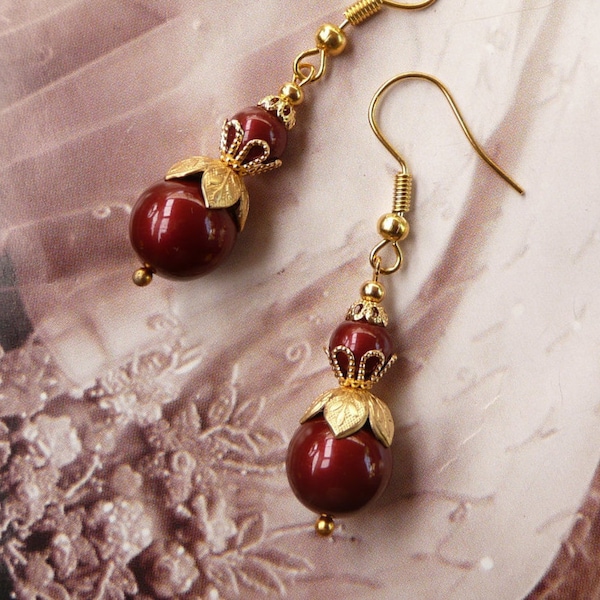 Dark Red Earrings, Burgundy Earrings, Gold Drop Earrings, Antique Gold Earrings, Marsala, Maroon Pearl Jewelry, Short Earrings, Gold Jewelry