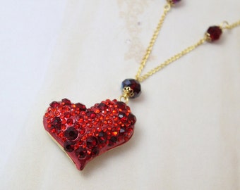 Red Crystal Gold Heart Necklace, Red Heart Necklace for Women, Love Heart Statement Necklace,  Anniversary Gift for Her, I love you Gift