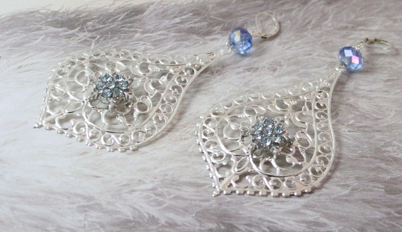 Chandelier Earrings Blue Crystal Boho Statement Earrings Bridesmaids Gifts Teardrop Earrings Filigree Silver Earrings Big Boho Earrings