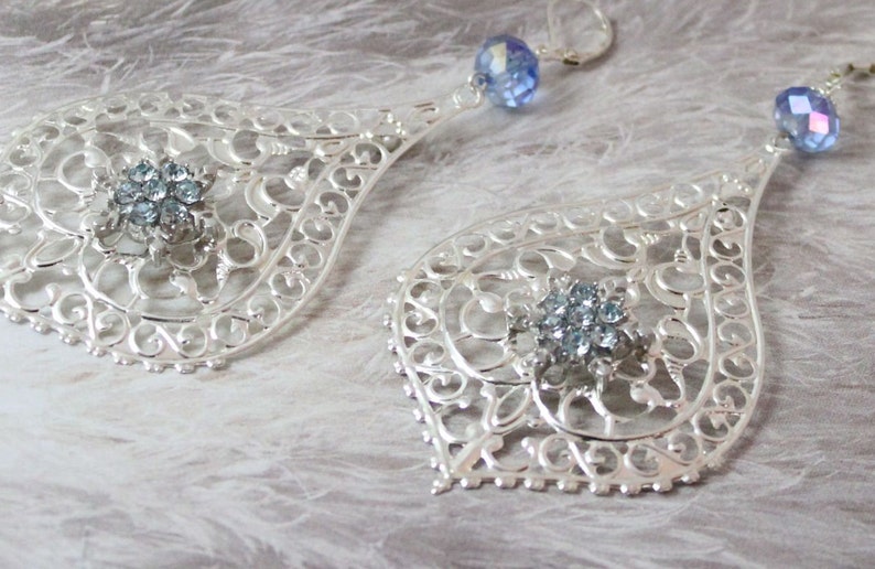 Chandelier Earrings Blue Crystal Boho Statement Earrings Bridesmaids Gifts Teardrop Earrings Filigree Silver Earrings Big Boho Earrings