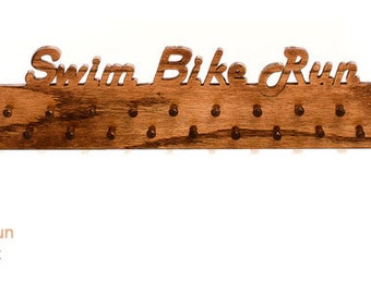 Swim Bike Run wooden medal display rack