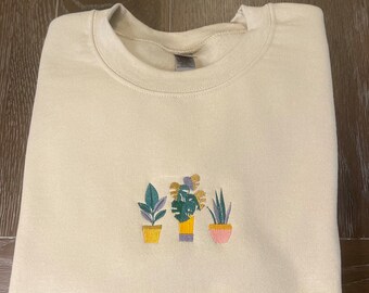 Plant Lover Crewneck: Embroidered Potted Plants, Cozy Sweatshirt