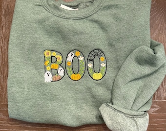 Embroidered BOO Sweatshirt: Spooky Season Crewneck