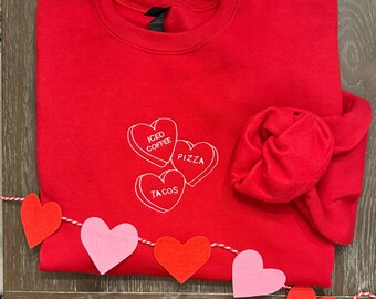 Embroidered Valentine’s Day Faves Conversation Hearts Candy Crewneck