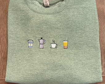 Embroidered Coffee Sweatshirt | Dark Heather Green Crewneck