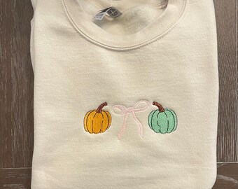 Embroidered Halloween Sweatshirt, Pumpkins & Bows, Fall Crewneck