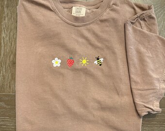 Embroidered Comfort Colors Shirt: Strawberry, Daisy, Sun, Bee