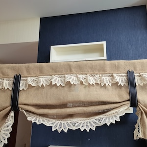 Custom Lace  Burlap Valance Curtain True Leather Tie Up Burlap  Kitchen Curtain Burlap Lace Kitchen Valance (about 23inches long)