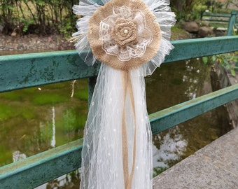 1pc Shabby Chic Decor Burlap and Lace Pew Bows, Burlap bows, Wedding bows, Rustic Bows, Rustic Wedding,