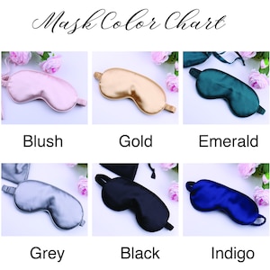May include: A color chart of silk sleep masks. The masks are shown in blush, gold, emerald, grey, black, and indigo.