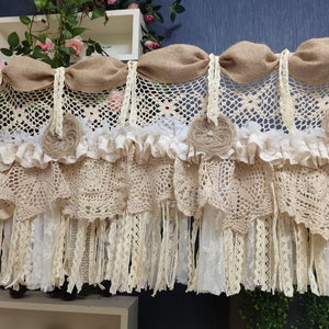 Custom Rustic Unique Burlap Bows Beige Lace Bedroom Curtain Valance Burlap Window Kitchen Swag Curtain Shabby Burlap Beige window treatments