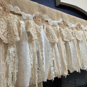 Custom Rustic Unique Kitchen Valance Burlap Decor Kitchen Curtain Shabby Burlap Ivory White Lace Curtain Rustic window treatments