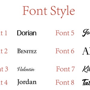 Op de afbeelding: Op een witte achtergrond staan de woorden "Font Style" in het rood, met acht lettertypevoorbeelden. Elk lettertype is gemarkeerd met "Font 1" tot "Font 8" in het rood, met de lettertypenaam in het zwart. De lettertypen zijn onder meer Dorian, Benitez, Valentin, Jordan, Alex, Kitchen en Tatum.