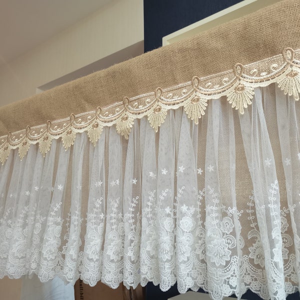 Romantic Lace Curtain Rustic burlap Kitchen Valance Burlap Lace Decor Kitchen Curtain Shabby burlap Decor