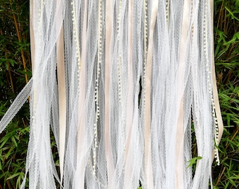 SHABBY Vtg dentelle ruban toile de fond bannière de mariage cantonnière ruban tissu guirlande bruants toile de fond minable dortoir pépinière douche