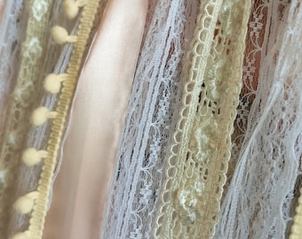 SHABBY Vtg Lace  Ribbon Backdrop wedding banner Valance Ribbon Fabric Garland Bunting Shabby Backdrop Dorm Nursery Shower