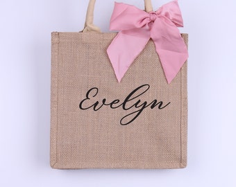Bridesmaid Tote Bags with Ribbon, Personalized Name Monogrammed Bridesmaid Wedding Gift Welcome Bags Favor Teacher Wifey Gift for Her