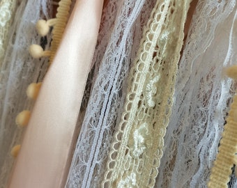 40inches wide × 84inches long SHABBY Vtg Lace Backdrop wedding banner Valance Ribbon Garland Bunting Shabby Backdrop Dorm Nursery Shower