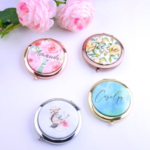 Hermoso espejo de mano con diseño floral, regalo compacto para dama de honor, regalo de fiesta con imagen de logotipo, maquillaje de acuarela para graduación, regalo de despedida de soltera para ella
