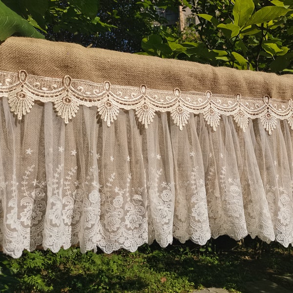 Romantic Lace Curtain Rustic burlap Kitchen Valance Burlap Lace Decor Kitchen Curtain Shabby burlap Decor