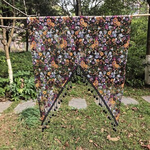 New Boho Floral Embroidered Lace Curtain, Tassel Fringe Valance,  Sequin Embroidered Sheer Curtain, Floral Mesh Window Swag for Wedding