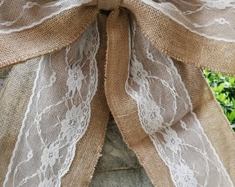 1pc Big Burlap, Burlap pew bow ，burlap lace bow, burlap lace pew bow, burlap pew bow, rustic wedding decor(about 14inhces)