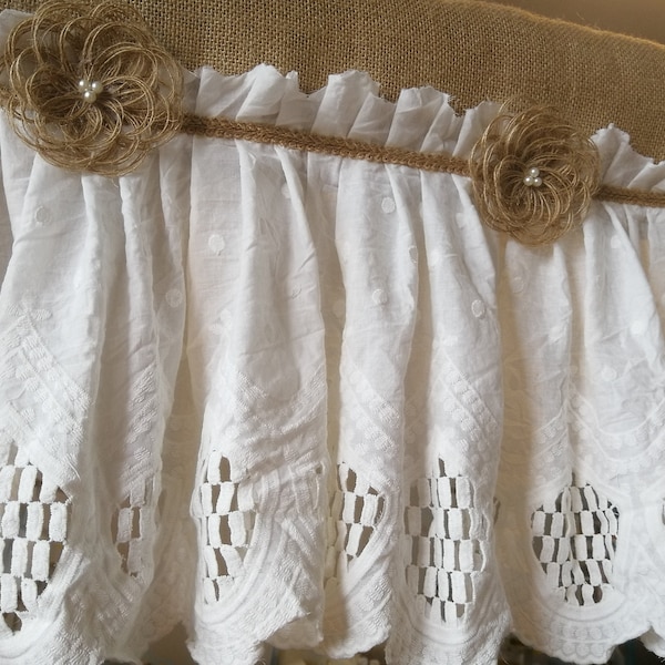 Romantic Lace Curtain Rustic burlap Kitchen Valance Burlap Lace Decor Kitchen Curtain Shabby burlap flowers Decor