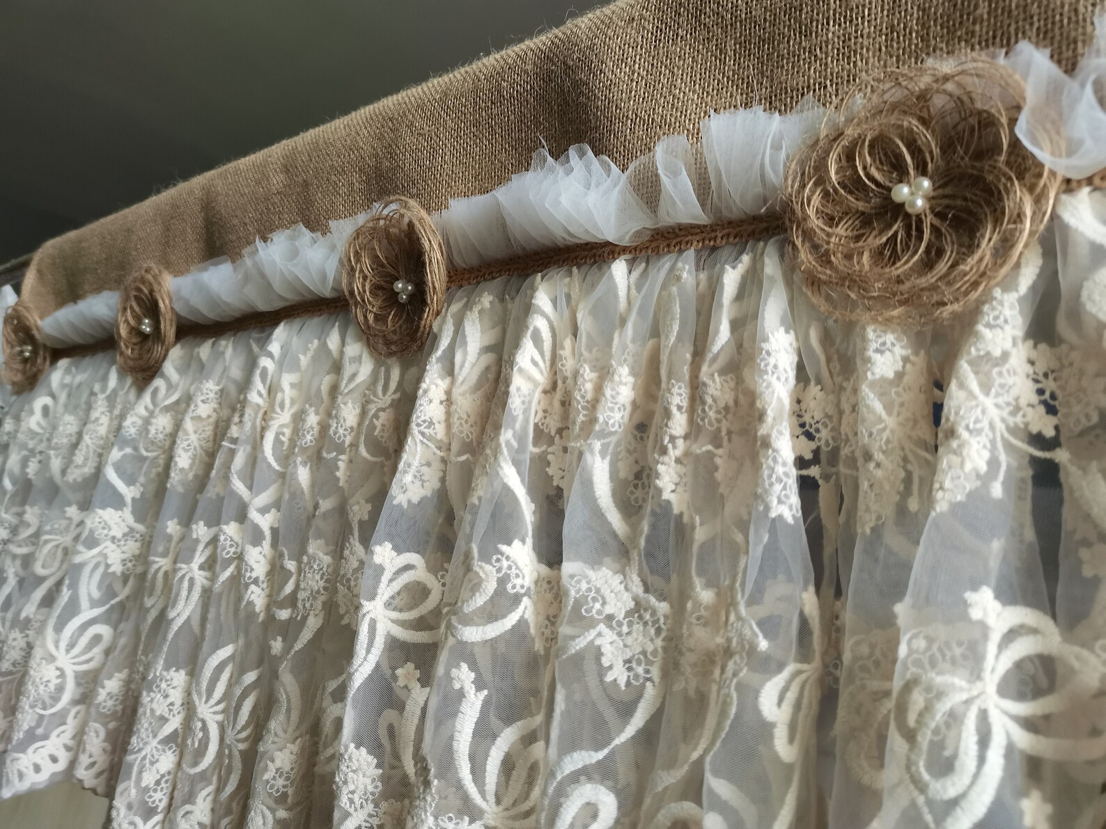 Lace Curtains Romantic Kitchen Valance Burlap Lace Decor Etsy