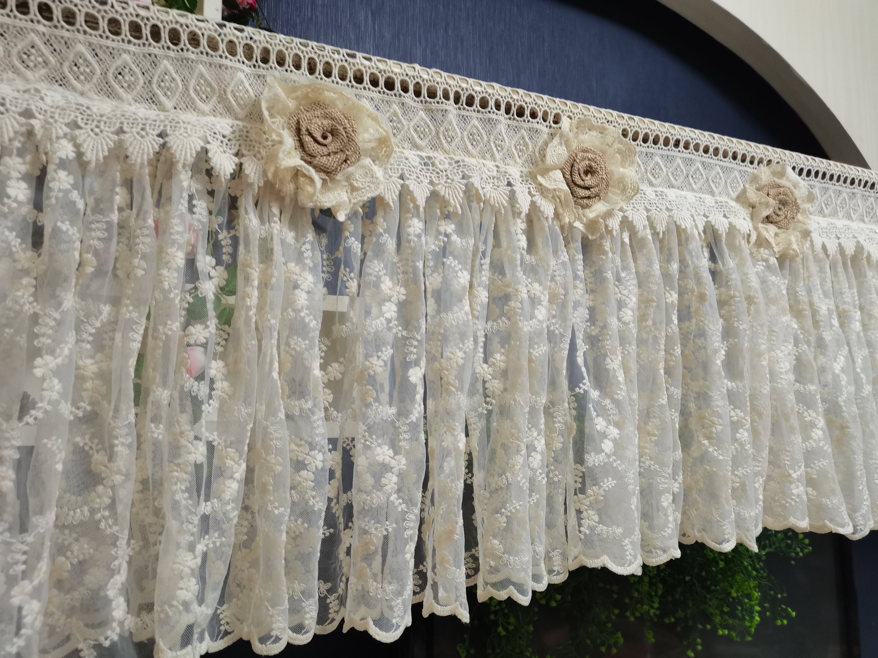 Window Lace Custom Beautiful Lace Flowers Ivory Lace Curtain Lace Kitchen Valance ...