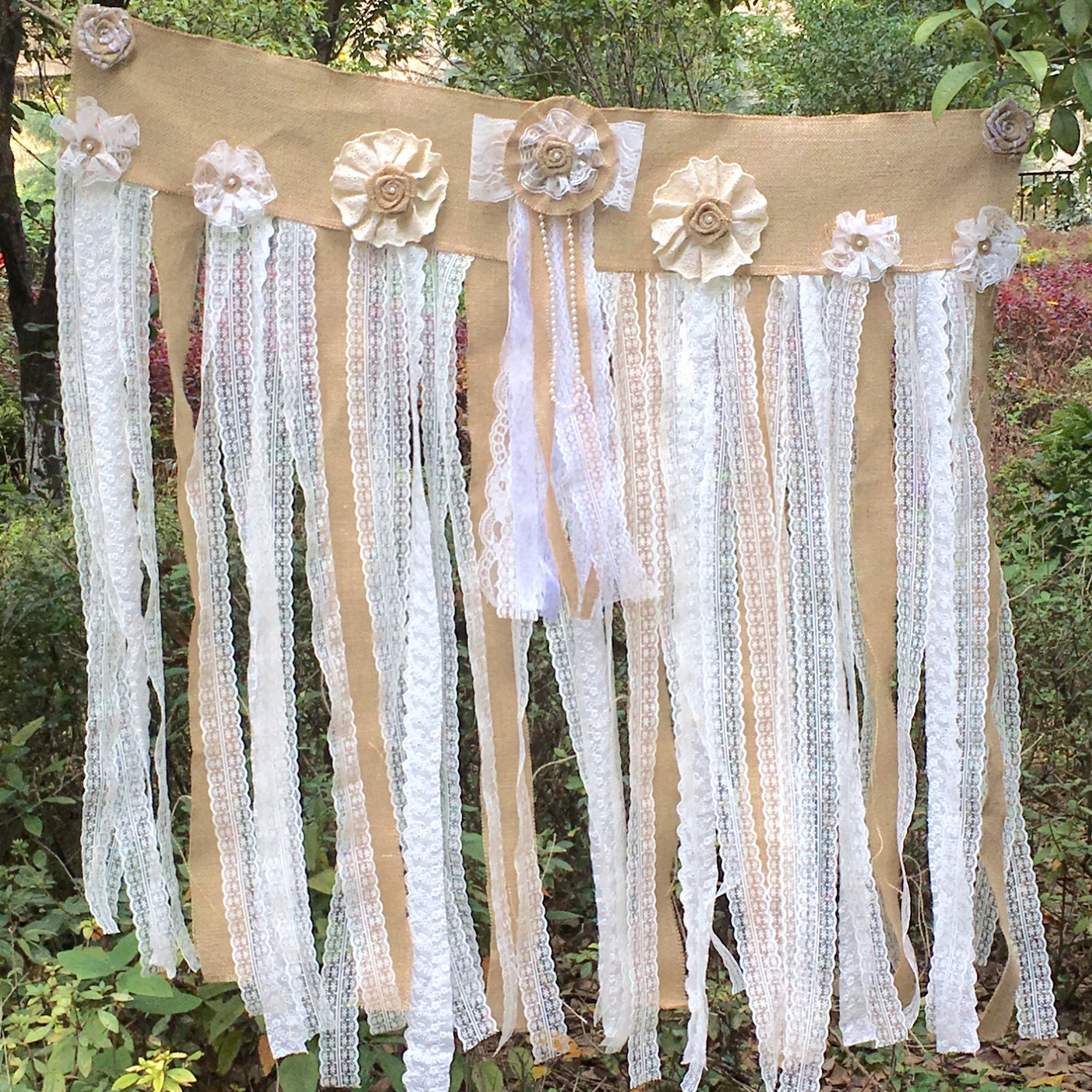 SHABBY Vtg Lace Burlap Backdrop wedding banner Valance Fabric Etsy