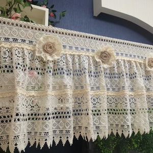Handmade Rustic Burlap Lace Flowers Valance Lace Unique Lace Bedroom Valance Window Kitchen Curtain Shabby  Lace Curtain window treatments