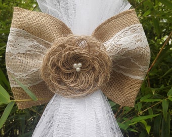 1pc Tulle  Burlap Lace Bows Pew Chair bow Pew Bows Rustic burlap Wedding Decor