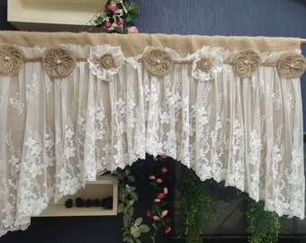 Custom Rustic  Burlap Lace Bedroom Valance Burlap Lace Window Kitchen Curtain Burlap Lace Curtain window treatments(16" to 24" long)
