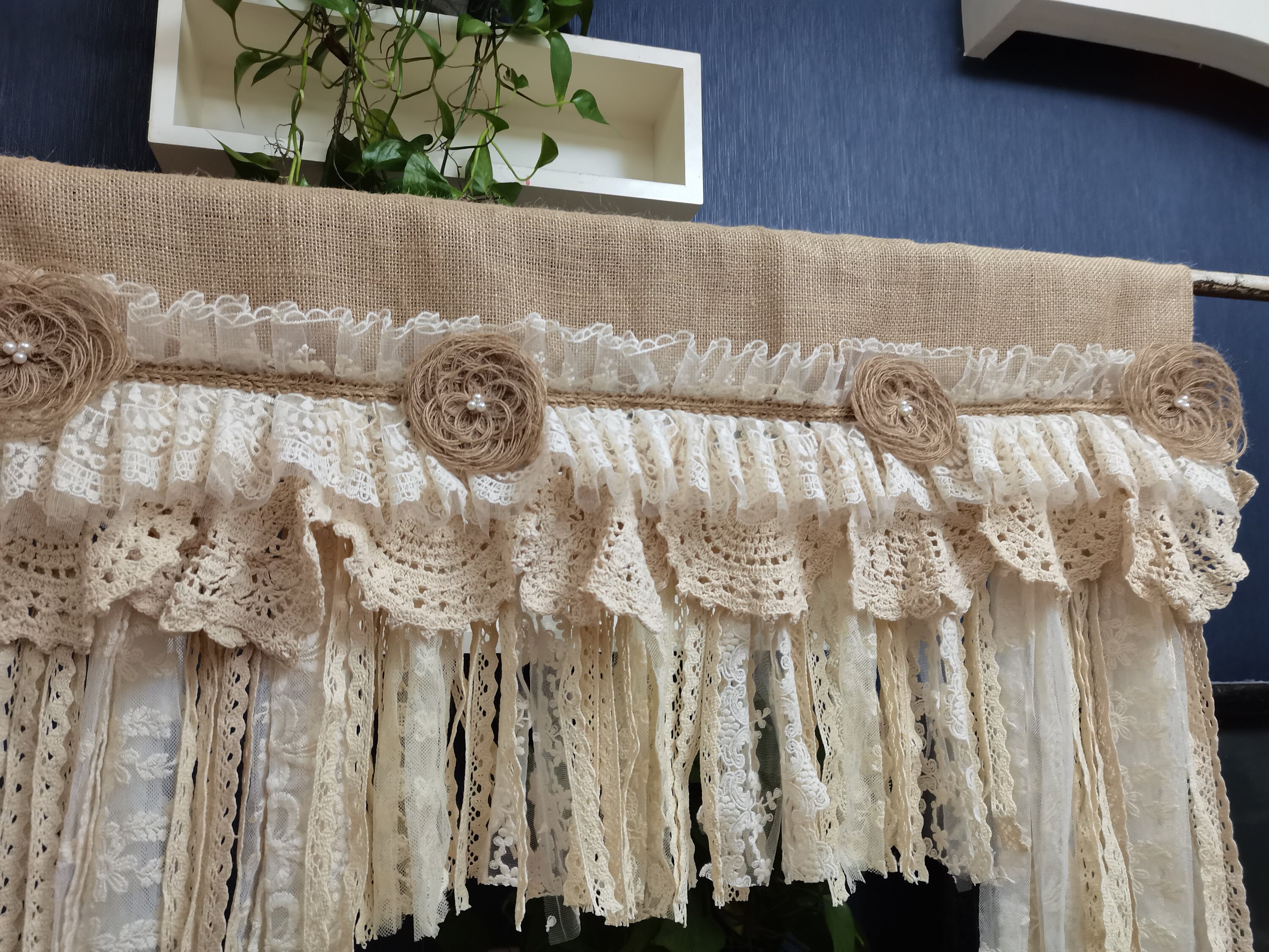 Custom Rustic Unique Burlap Beige Lace Bedroom Valance Burlap Window