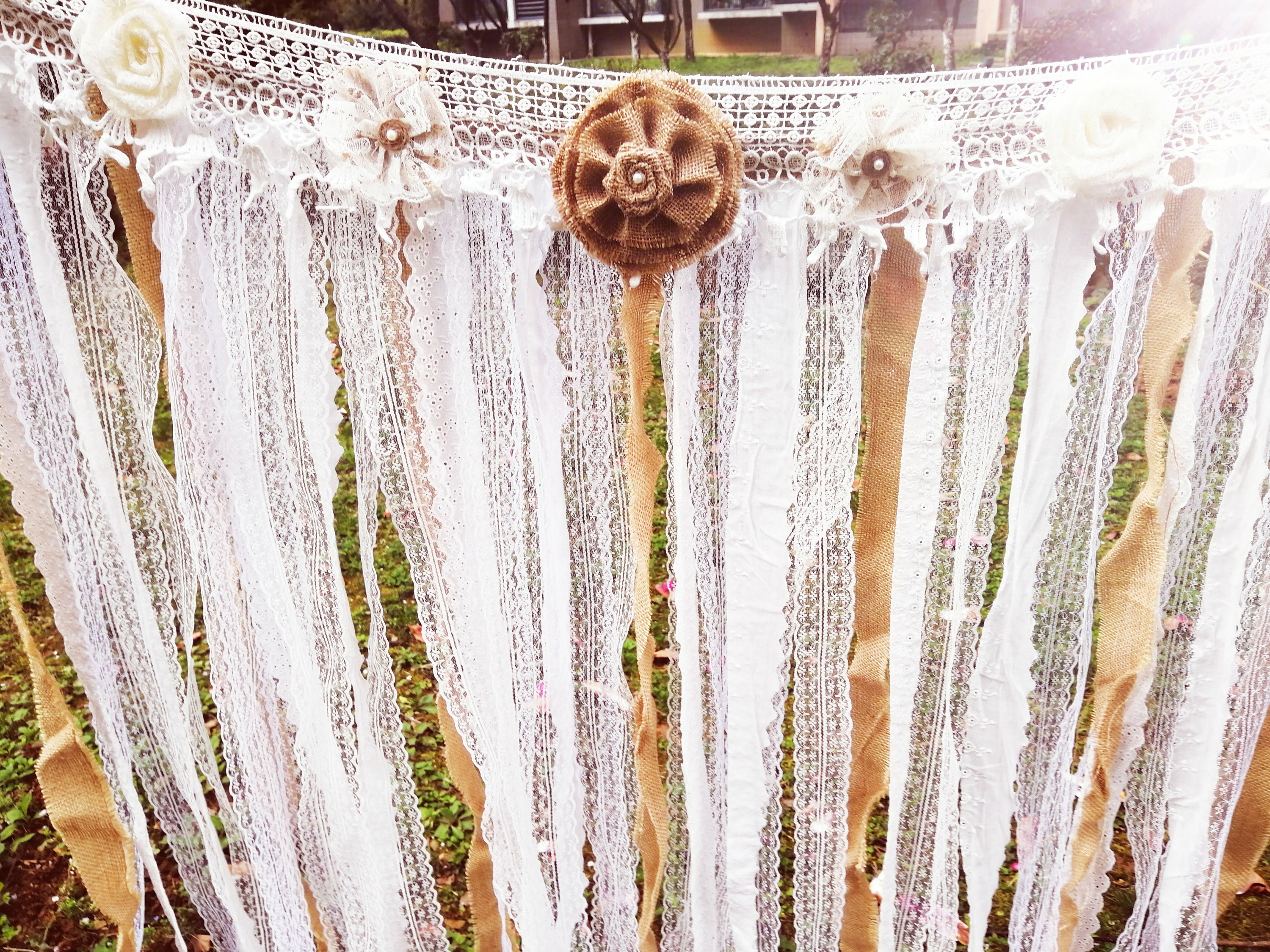 SHABBY Vtg Lace Burlap Backdrop wedding banner Valance Fabric Etsy