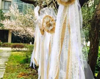 6pcs Burlap Lace Bow Pew Chair bow Pew Bow Rustic burlap Wedding Decor+
