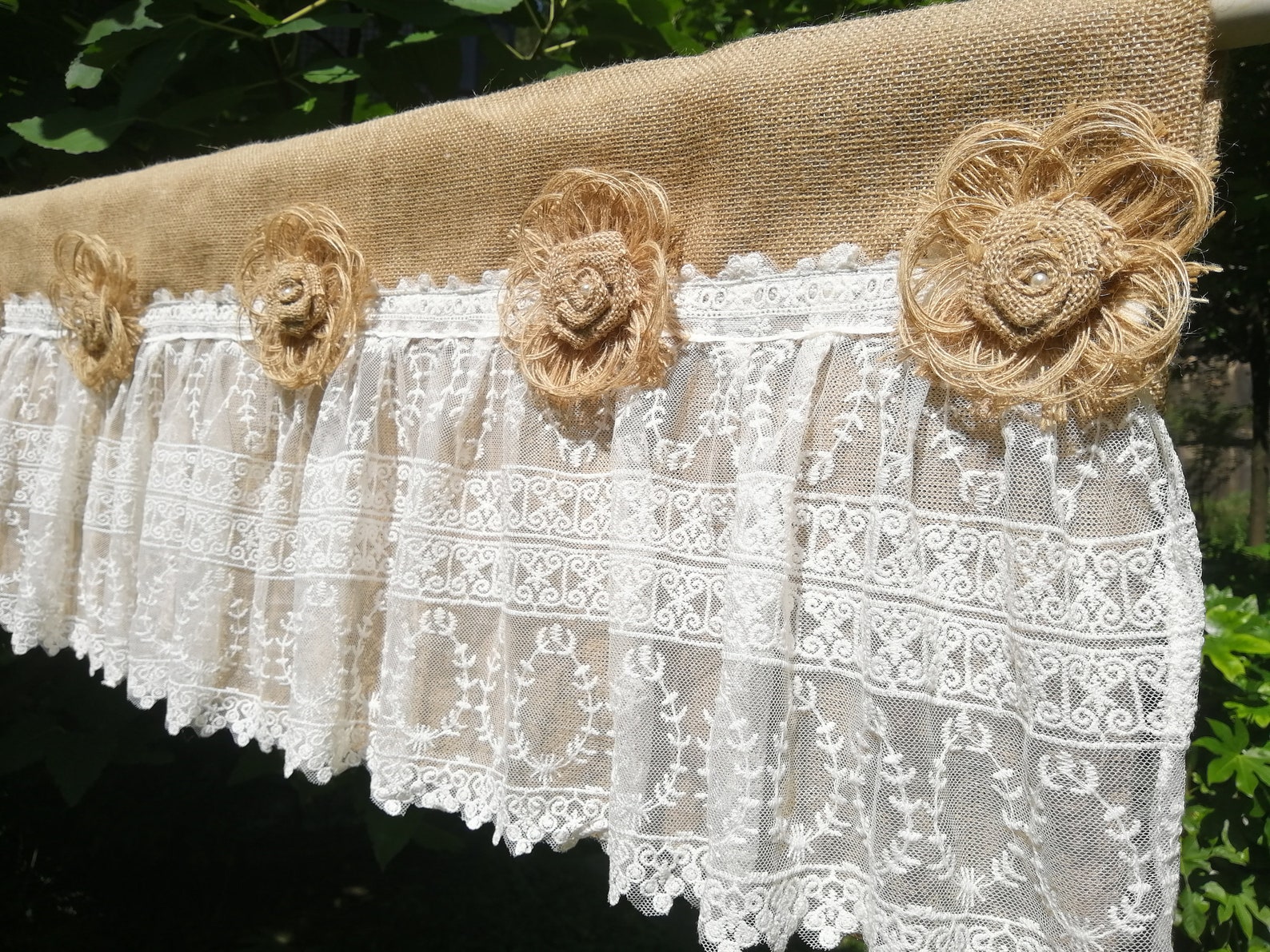 Romantic Lace Curtain Rustic burlap Kitchen Valance Burlap Etsy